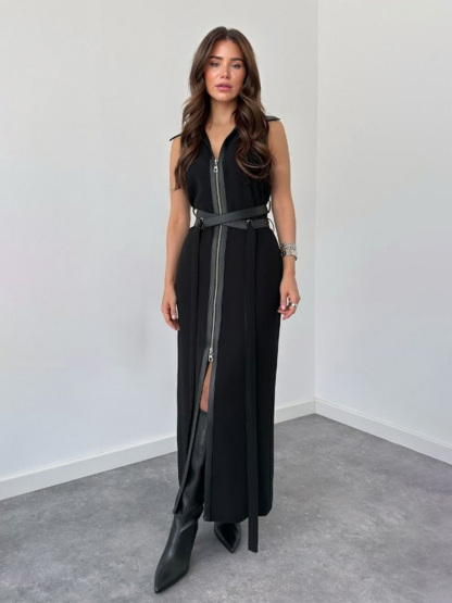 Retro Fashion Black Lace-up Zipper Maxi Dress