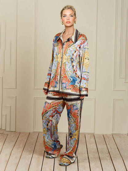 Unique Sunshine Print Elastic Waist Wide-Leg Pants