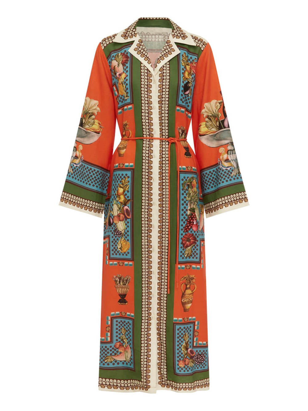 Classic Modern Unique Print Patchwork Loose Belted Shirt Silhouette Maxi Dress