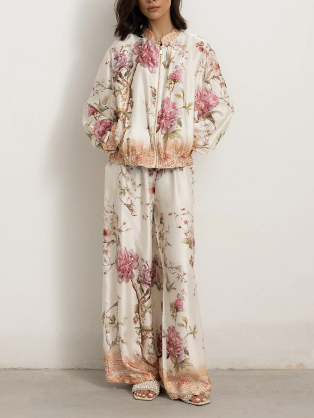 Elegant Floral And Bird Print Zip-up Lantern Sleeve Shirt