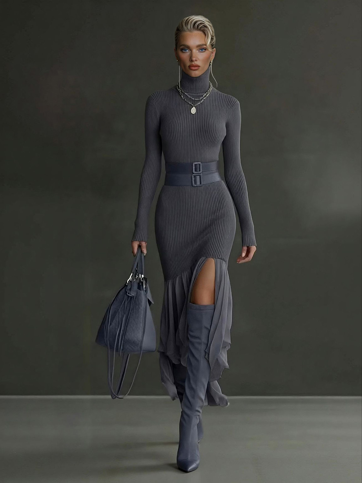 Elegant Asymmetrical Ruffled Knit Midi Dress