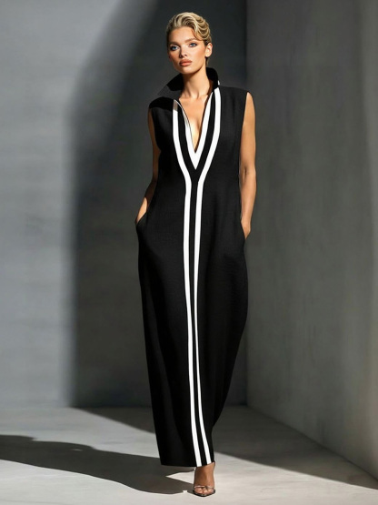 Elegant Sleeveless Deep V-Neck Contrast-Trim Maxi Dress