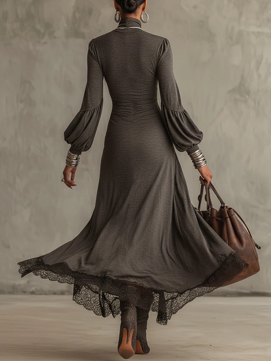 Elegant Puff-sleeved Knitted Lace Maxi Dress