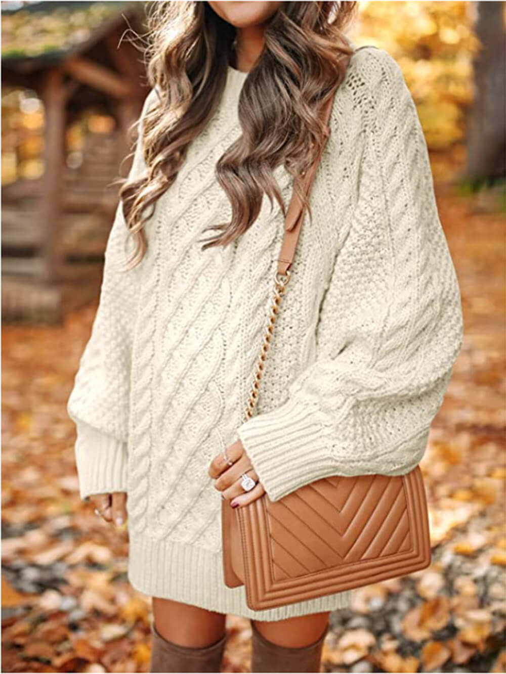 Fashion Chunky Cable Knit Round Neck Oversized Sweater Mini Dress