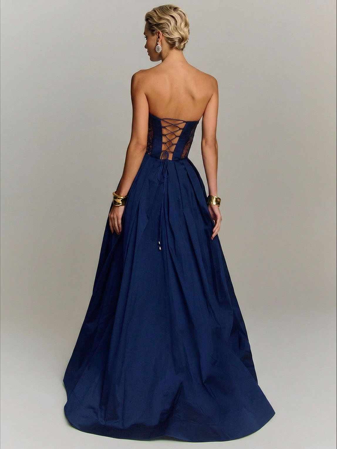 Elegant Strapless Lace-Panel Ball Gown Maxi Dress