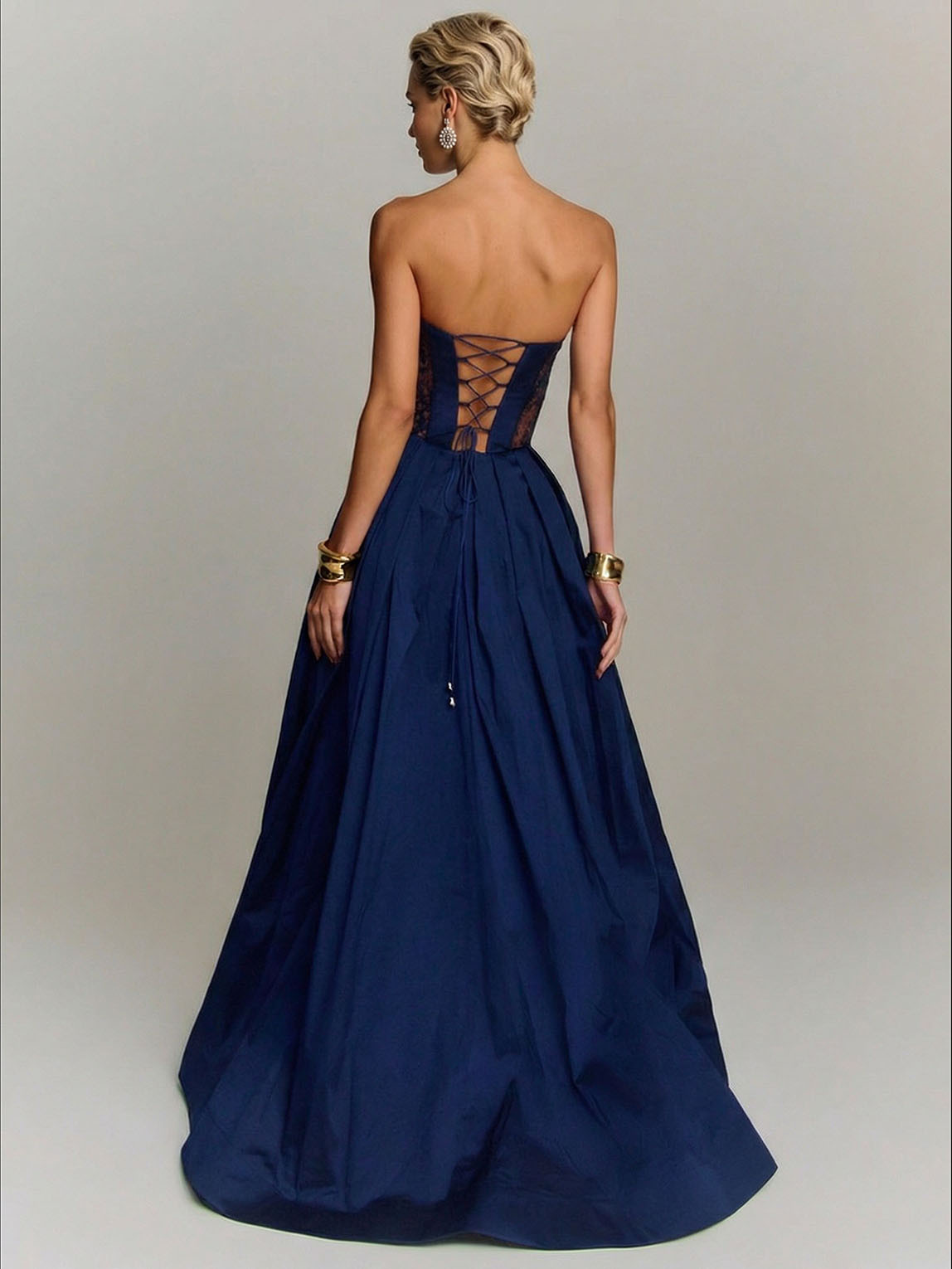 Elegant Strapless Lace-Panel Ball Gown Maxi Dress