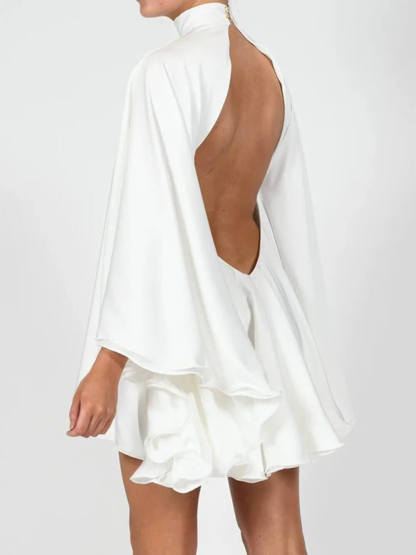 Elegant High-Neck Backless Bell-Sleeve Mini Dress