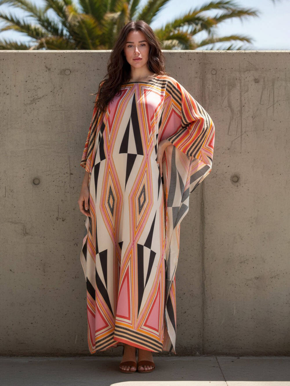Simple Retro Triangle Print Slit Kimono Maxi Dress