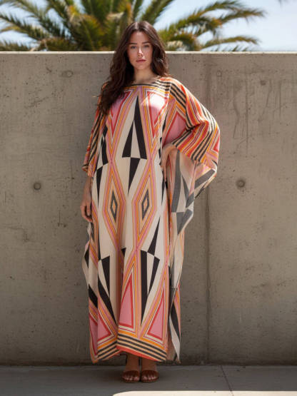 Simple Retro Triangle Print Slit Kimono Maxi Dress