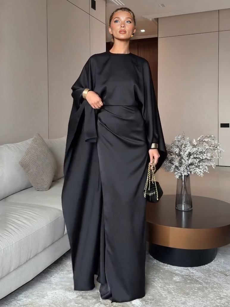 Elegant Satin Pleated Batwing Sleeve Maxi Dress