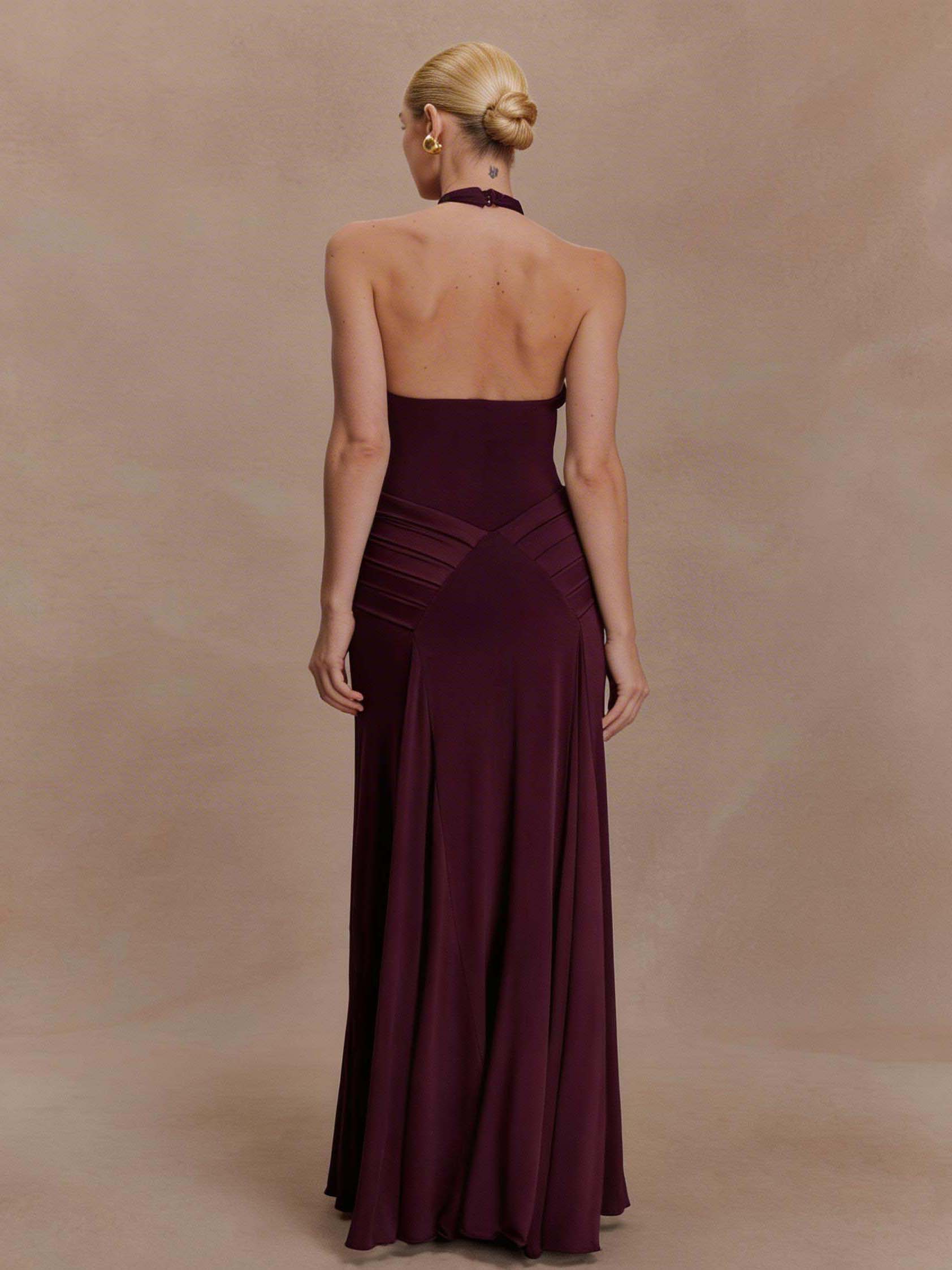 Elegant Pleated Fitted Backless Maxi Dress