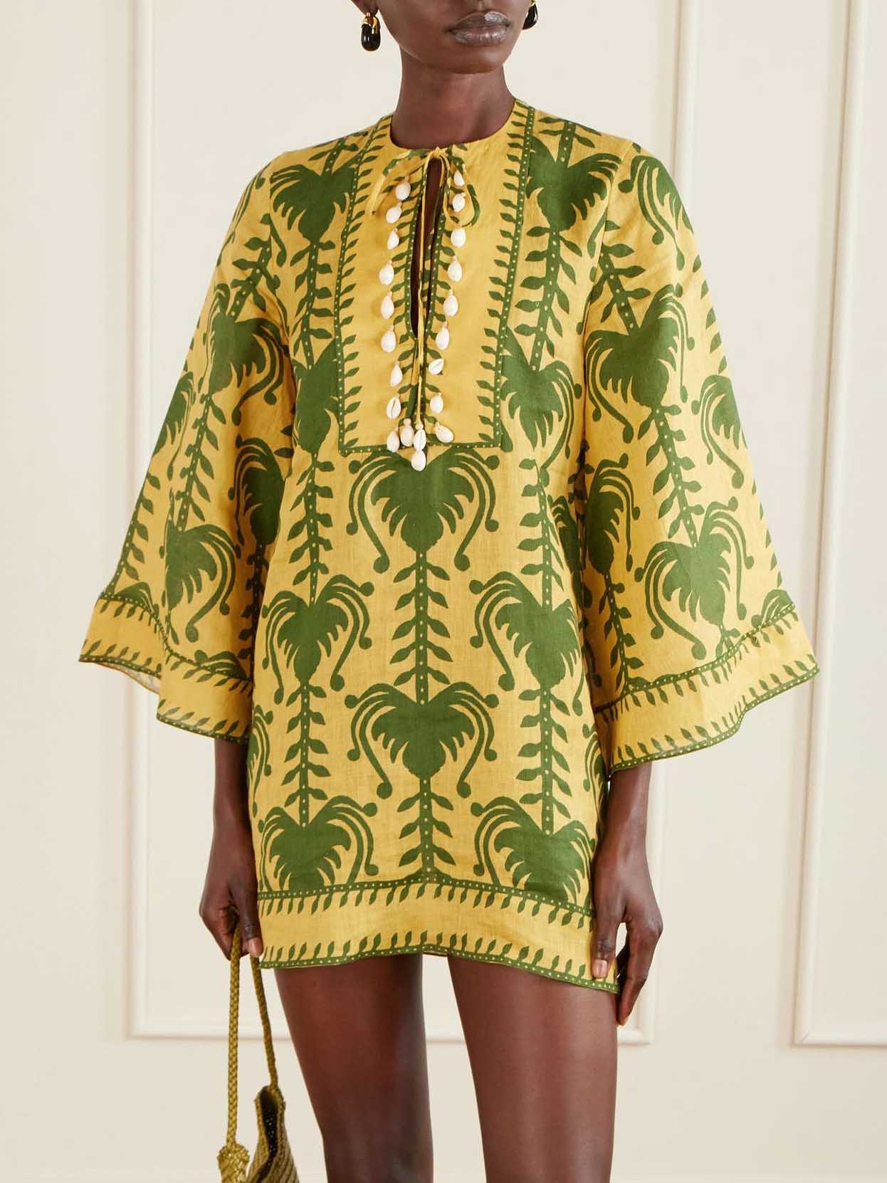 Casual Palm Tree Print Flare Sleeve Mini Dress