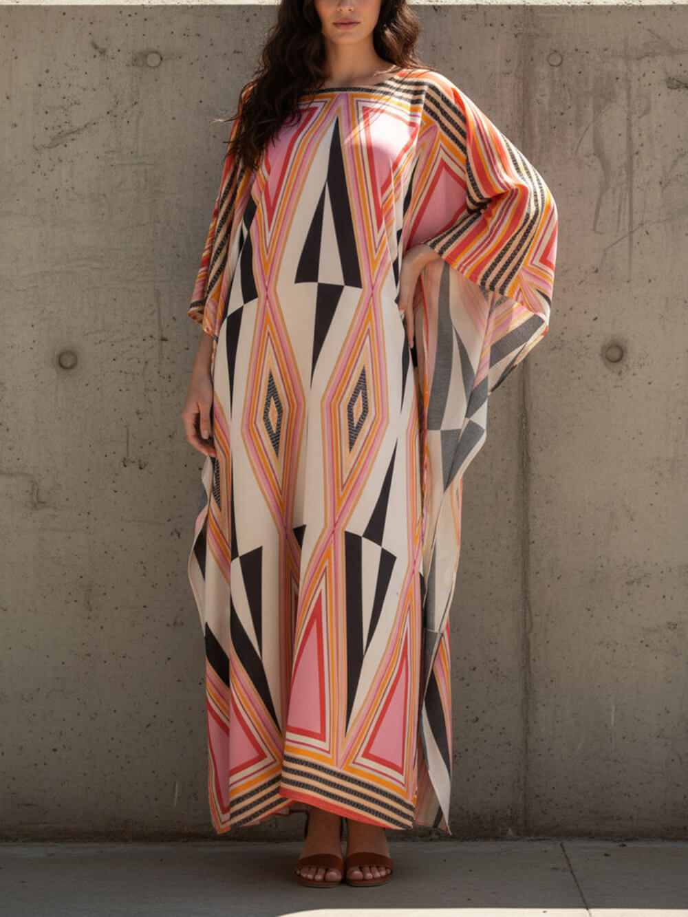 Simple Retro Triangle Print Slit Kimono Maxi Dress