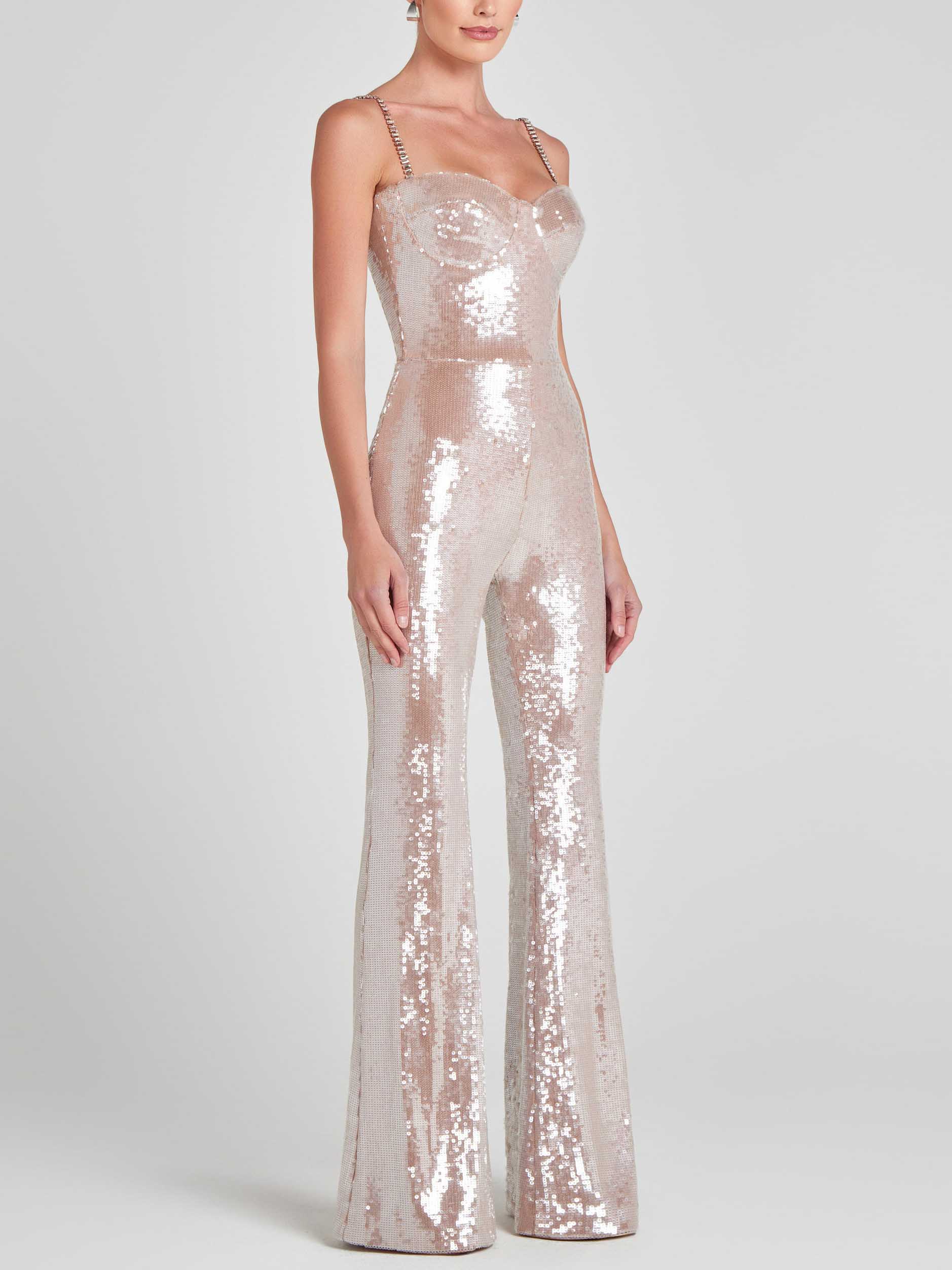 Elegant Sequined Suspender Flared Jumpsuit
