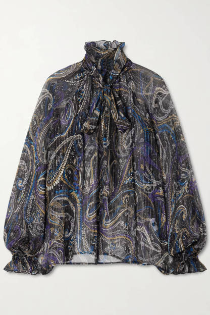 Retro Bow Print Chiffon Long-Sleeve Loose Blouse