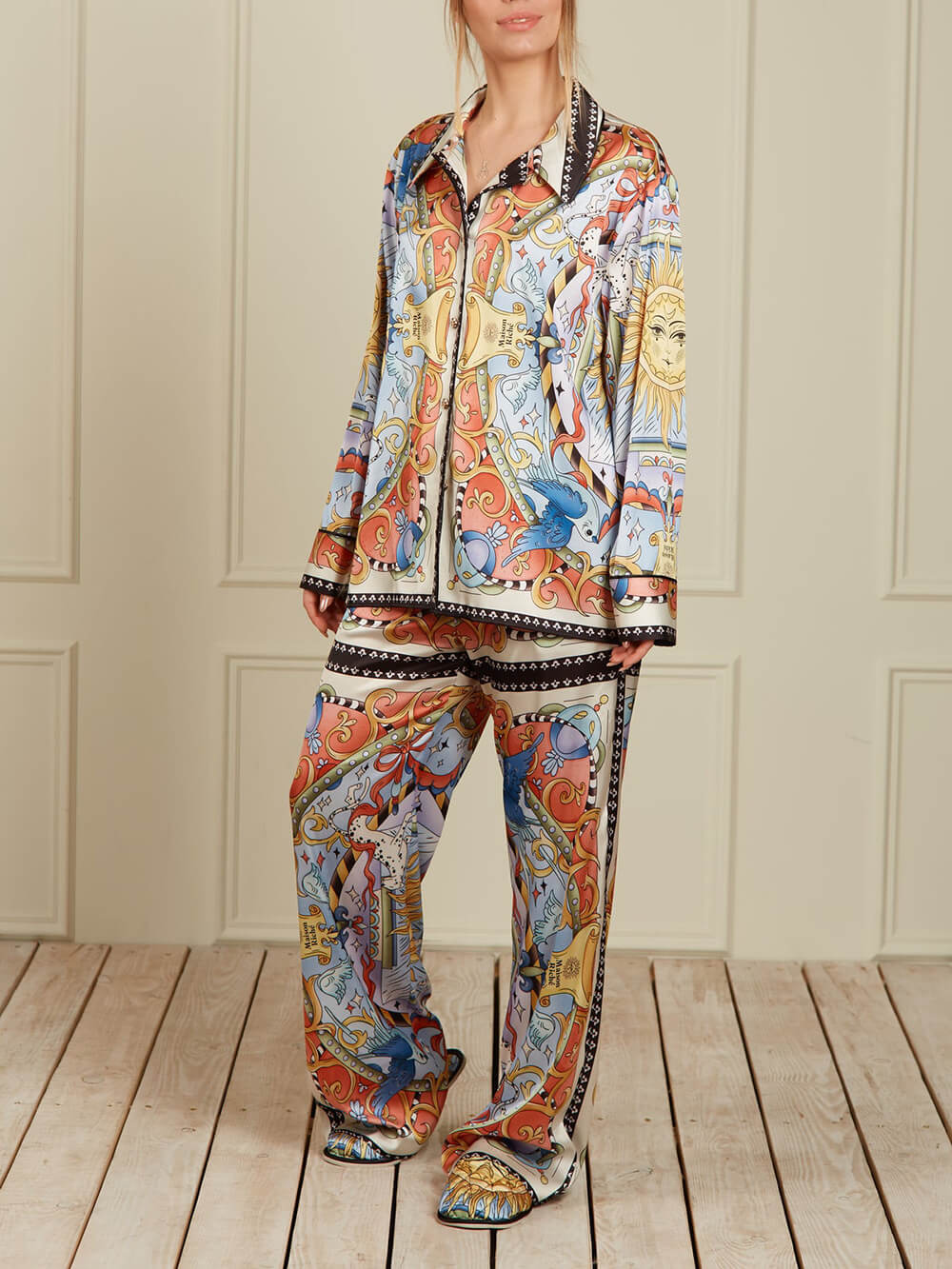 Unique Satin Sunshine Print Turn-Down Collar Loose Fit Shirt And Elastic Waist Wide Leg Pants Set