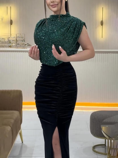 Sequin Panel Sleeveless Party Slit Dress