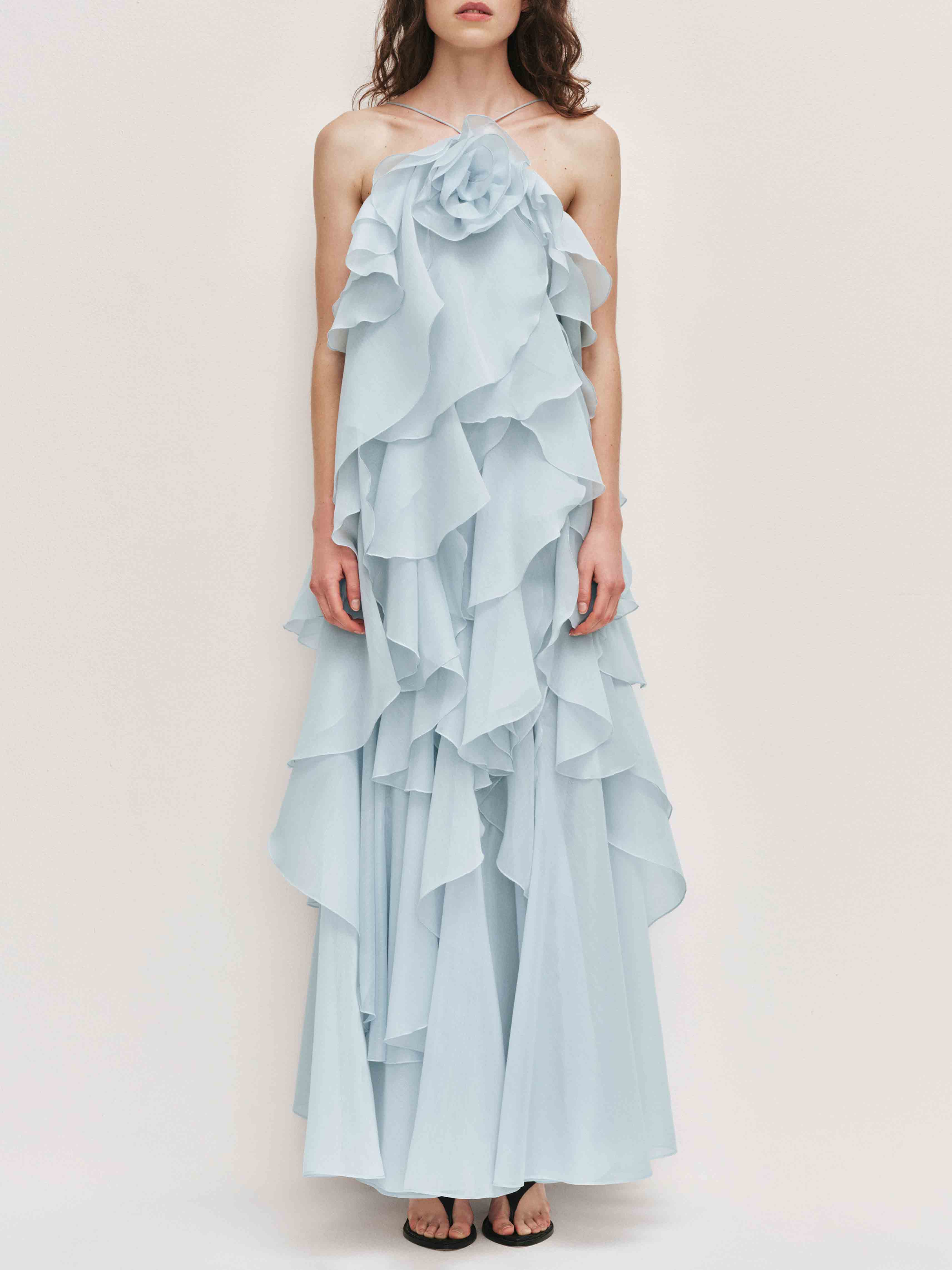 Elegant  3D Flower Ruffle Halter Maxi Dress