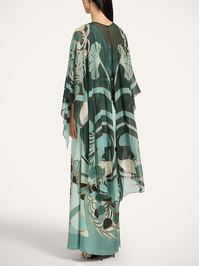 Unique Art Nouveau Printed Tulle Shawl Dress Set