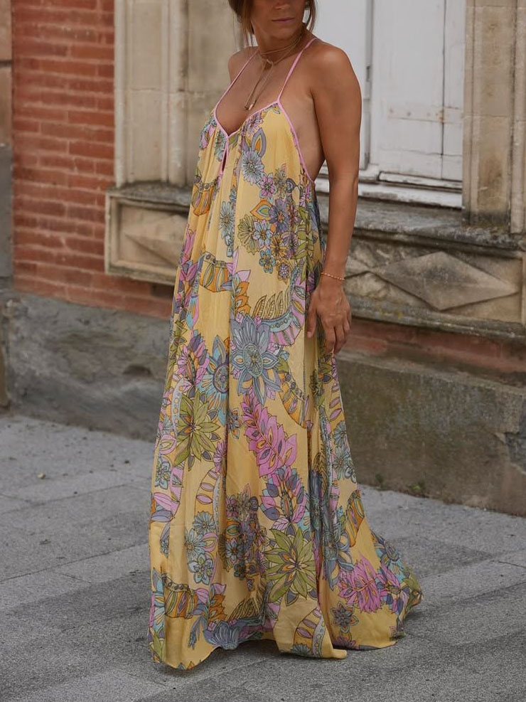 Exquisite Bohemian Print Chiffon Flowy Maxi Dress