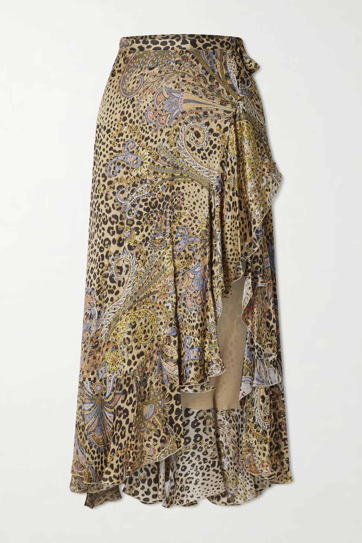 Unique Ruffled Leopard Print Paisley Satin Wrap Midi Skirt
