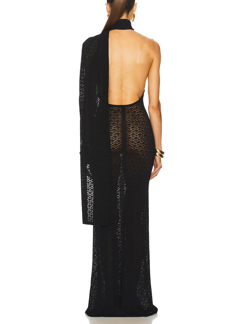 Exquisite Backless Mesh Wrap Scarf Detail Knit Maxi Dress