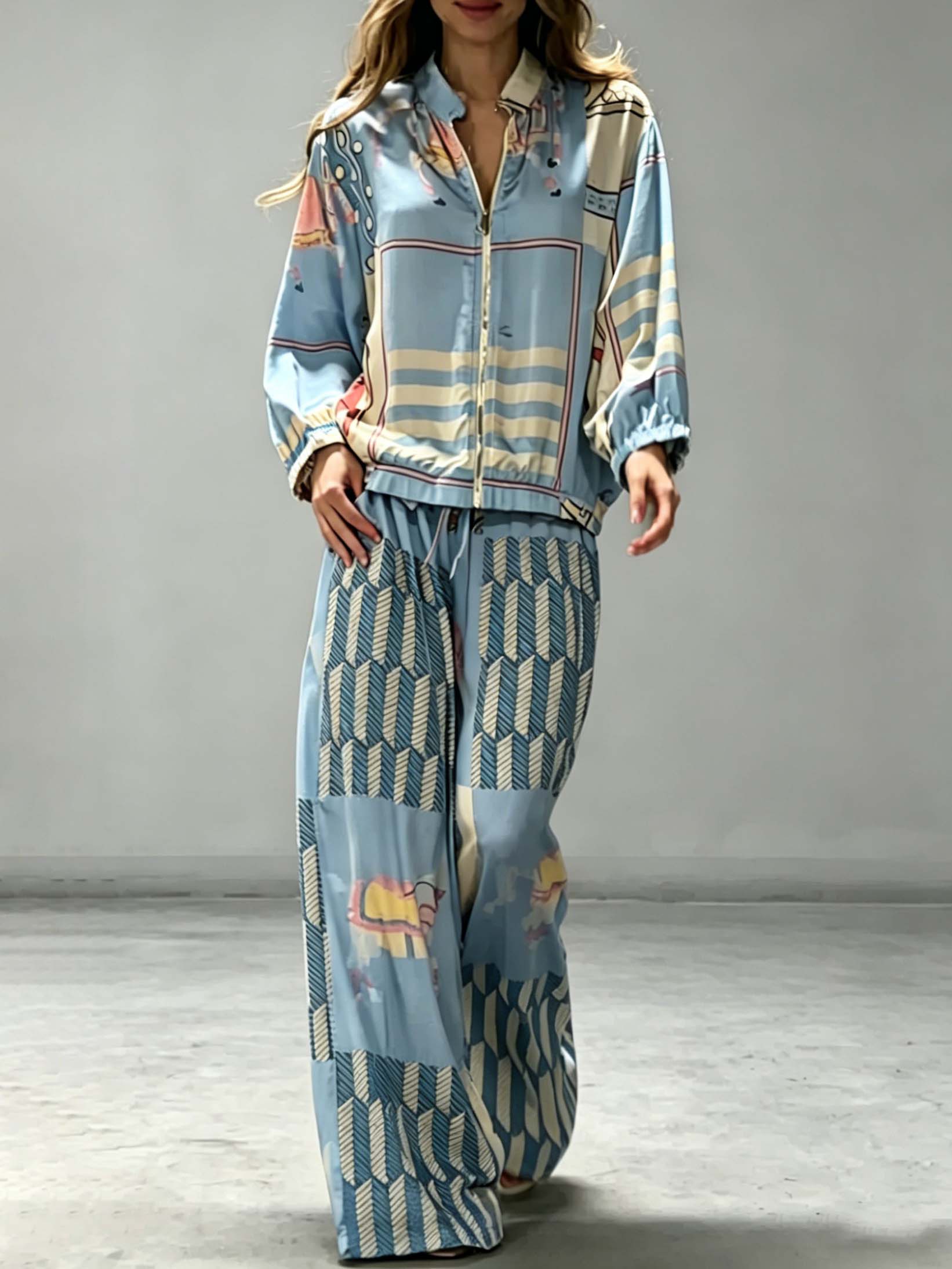 Casual Artistic Print Zip-Up Shirt