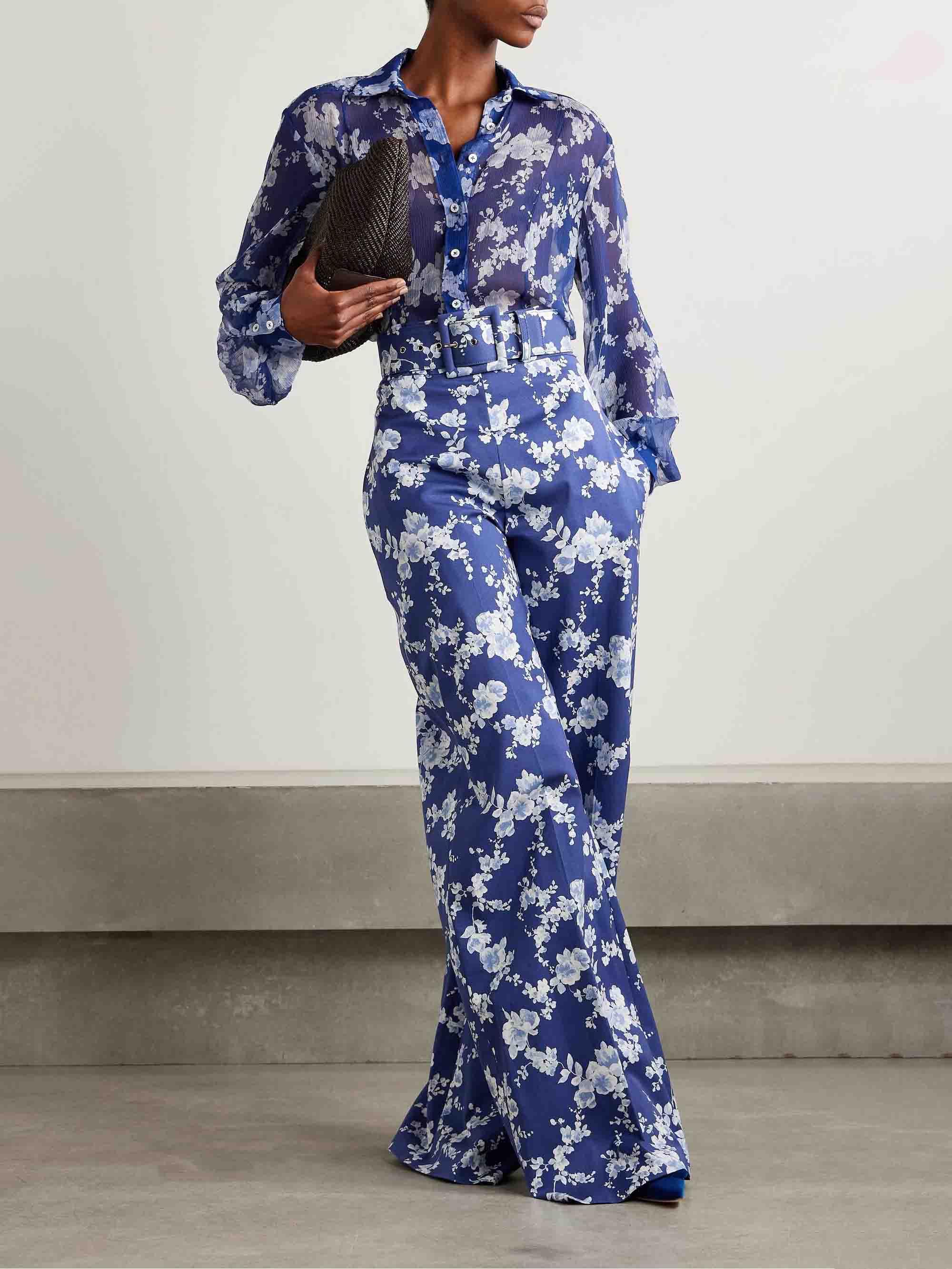 Exquisite Floral Print Twill Wide-leg Pants