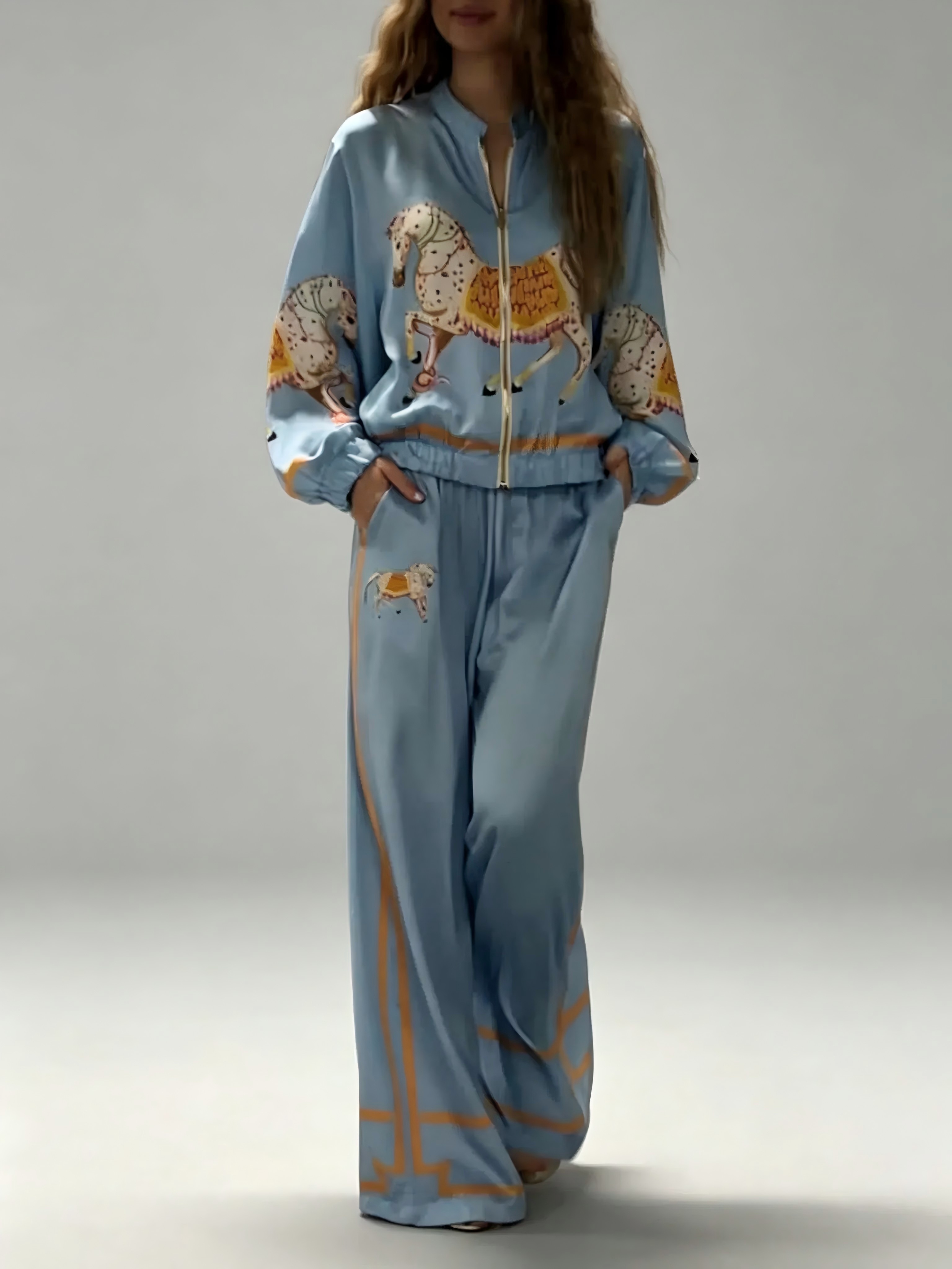 Exquisite Satin Horse Print Wide-Leg Pants