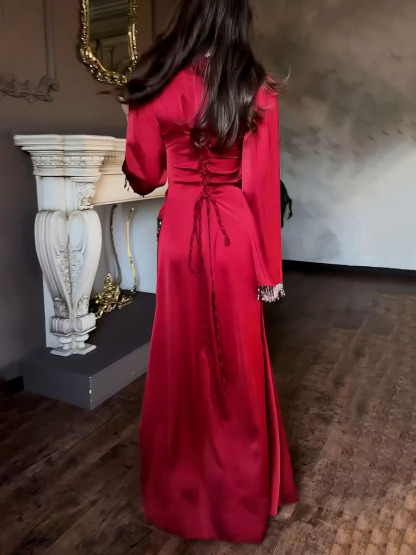 Elegant Satin Beaded Tassel Maxi Dress