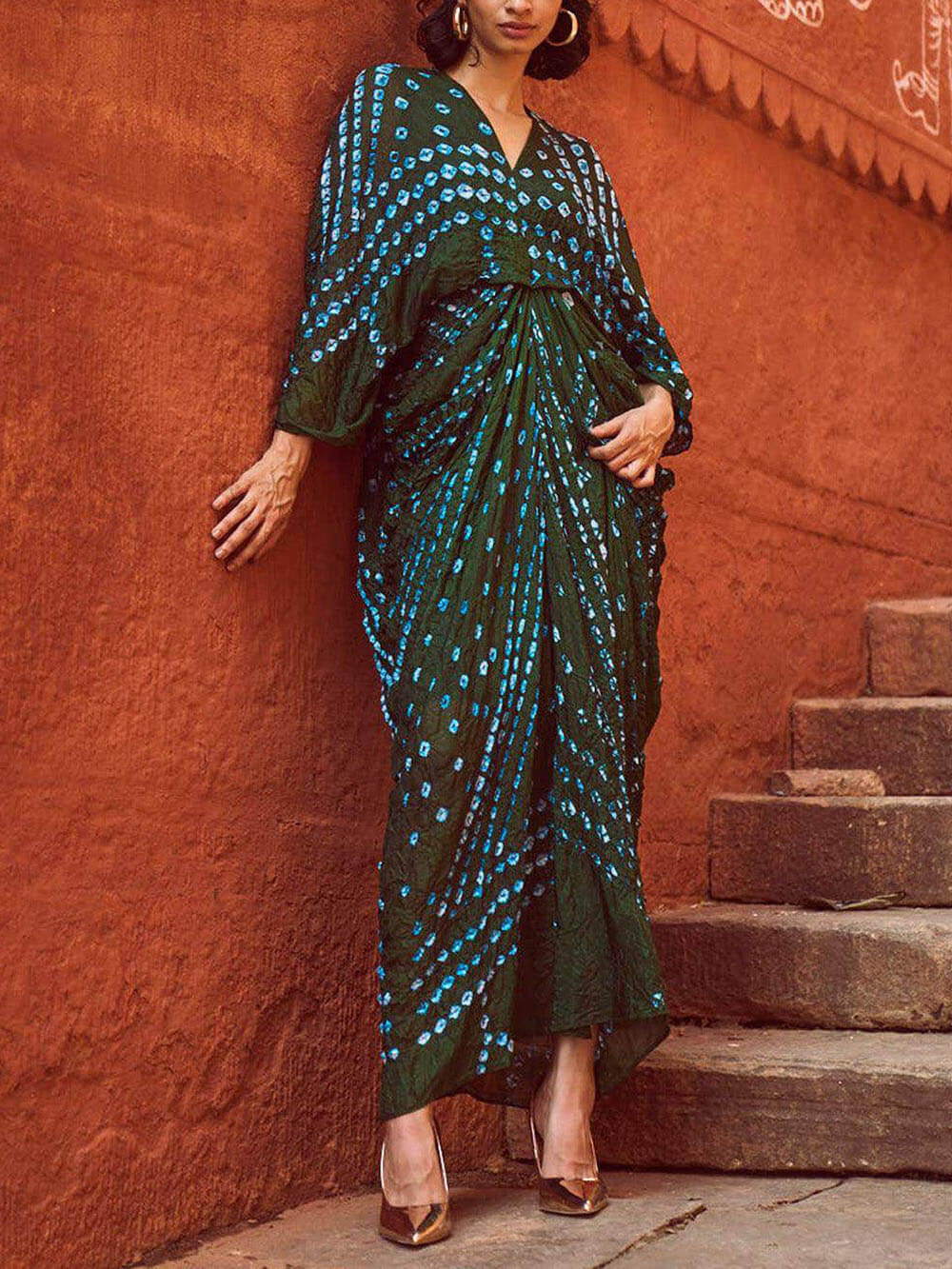 Kimono Tie-Dye Print V-Neck Pleated Robe Maxi Dress