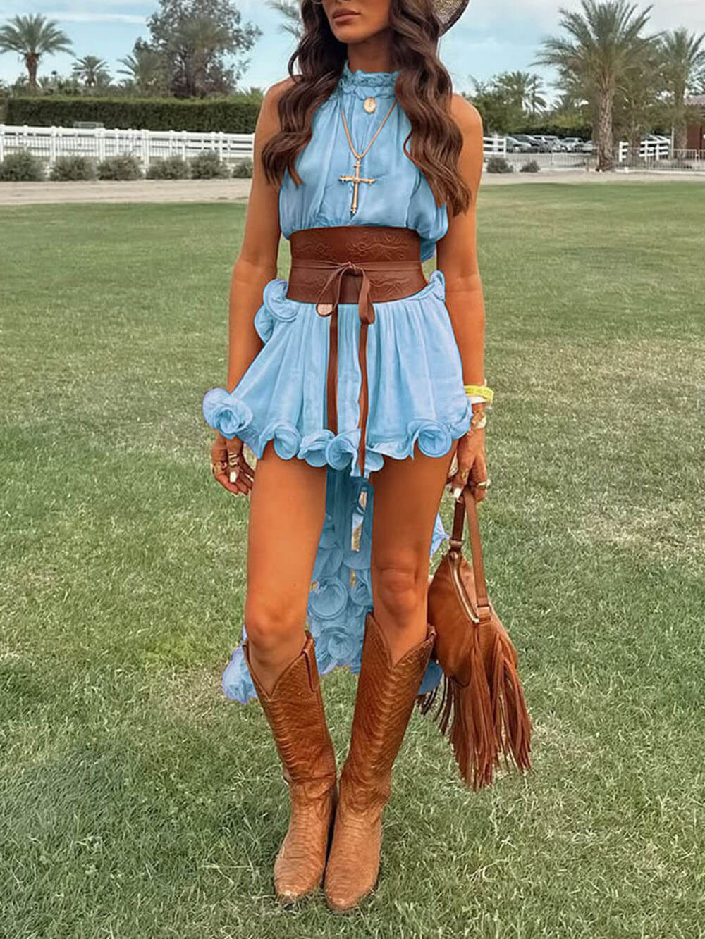 Delicate Romantic Drama Chiffon Wavy Ruffles Halter Irregular A-line Top