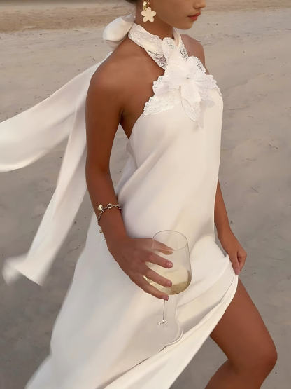 Retro Floral Crochet Satin Halter Backless Tie Maxi Dress