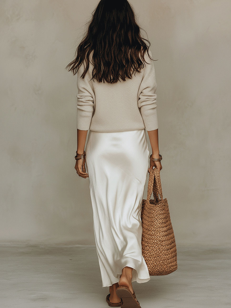 Elegant Knit V-Neck Sweater & Satin Slip Dress Two-Piece Set