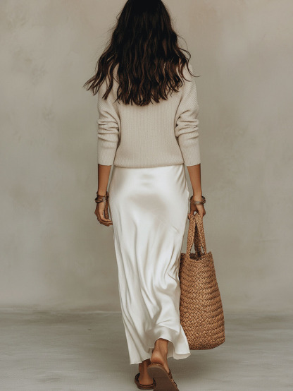 Elegant Knit V-Neck Sweater & Satin Slip Dress Two-Piece Set