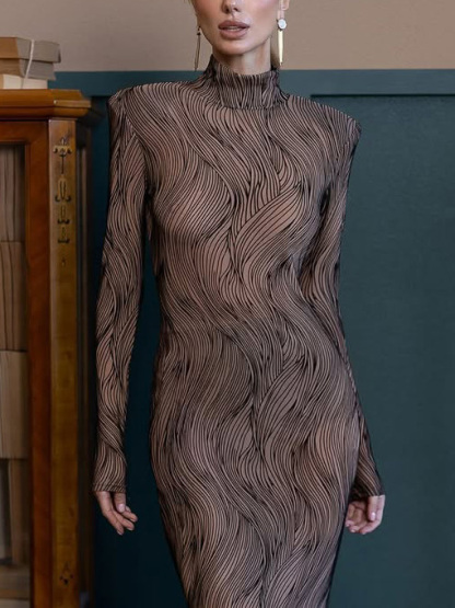 Elegant High-Neck Sheer Wave-Pattern Maxi Dress