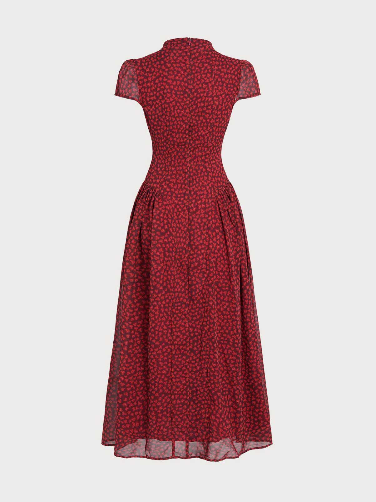 Retro Floral Pleated Flowy Midi Dress