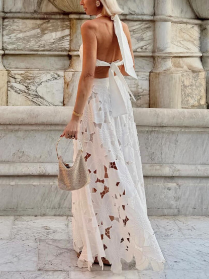 Exquisite Lace Crochet Backless Tie Maxi Dress