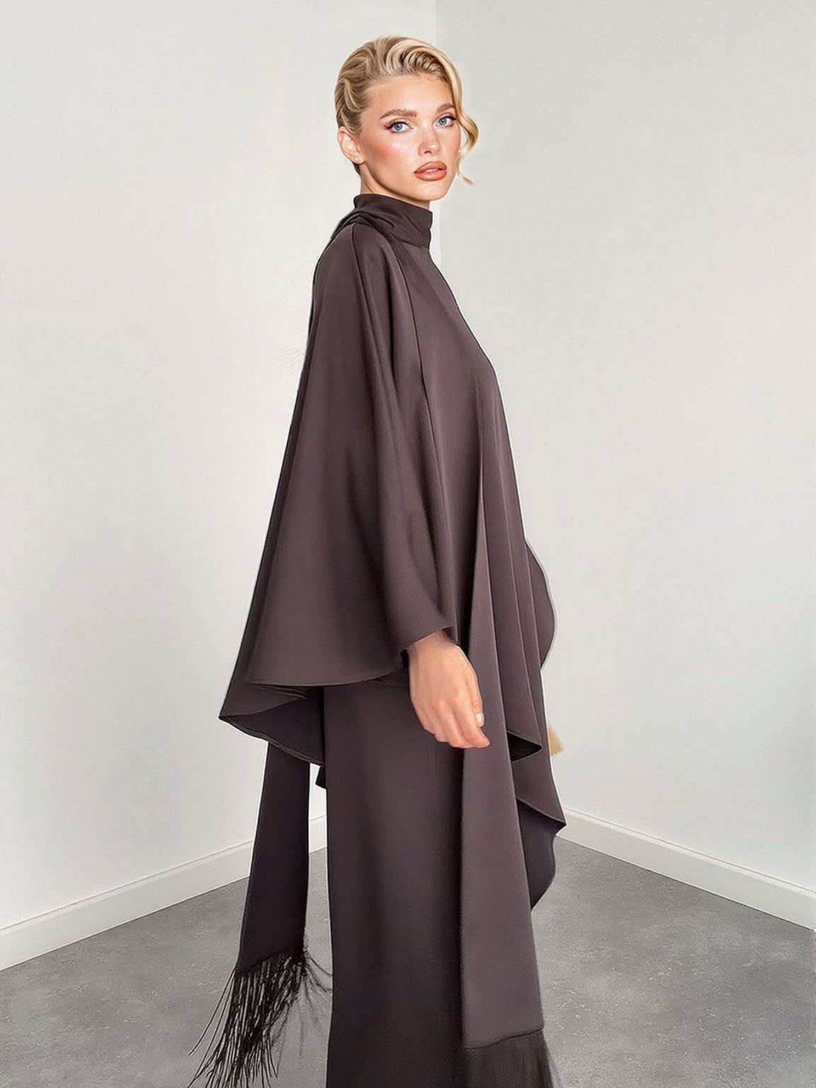 Elegant High-Neck Draped Top And Wide-Leg Pants Set