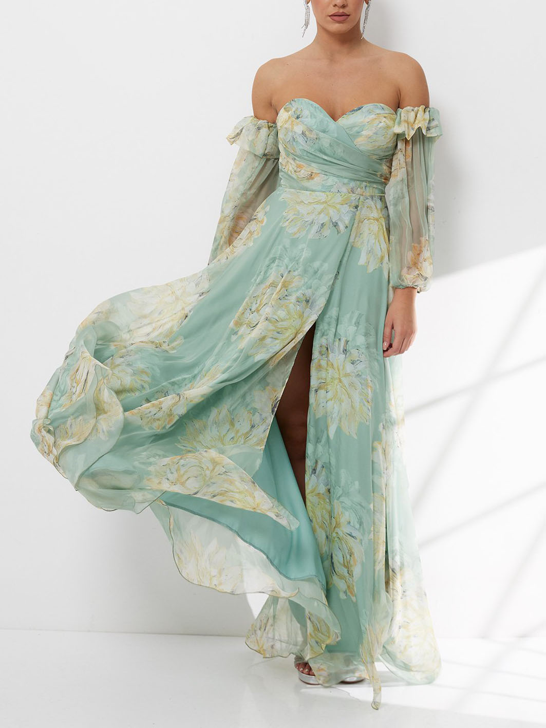 Elegant Floral Off-Shoulder Slit Chiffon Maxi Dress