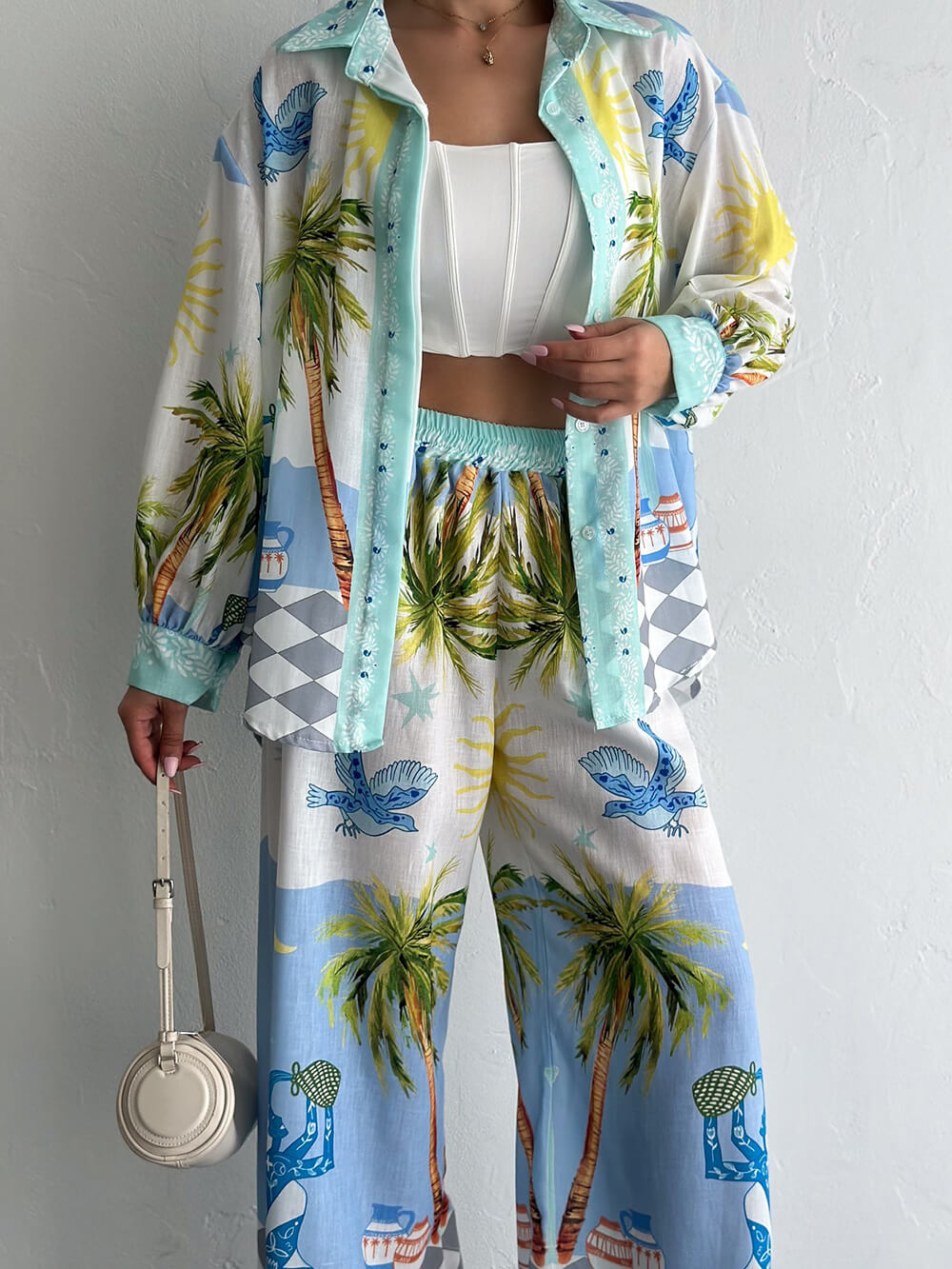 Unique Seaside Palm Tree Print Loose Button-Down Oversized Shirt