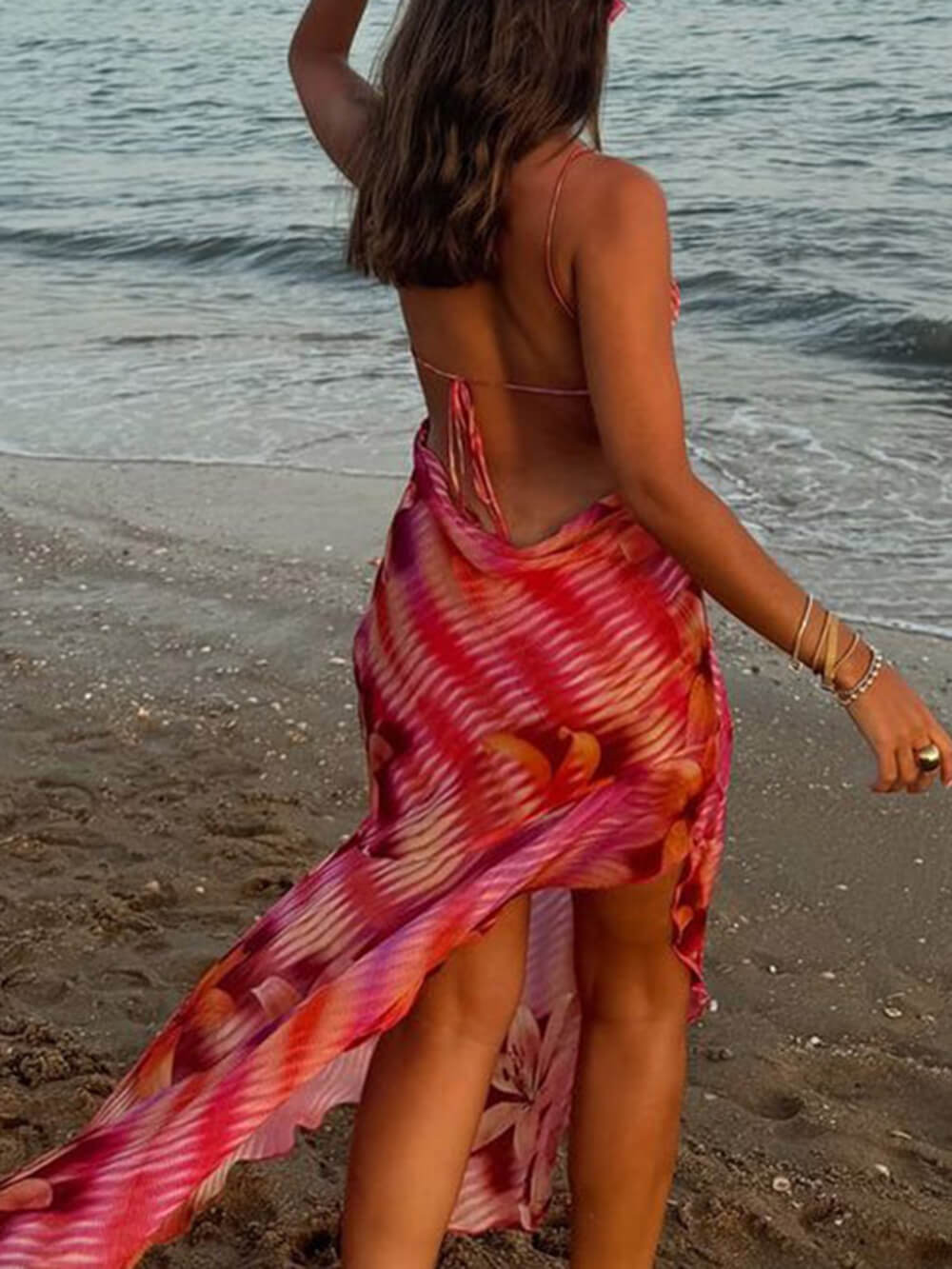 Elegant Printed Strappy Bodycon Silhouette Backless Slit Dress