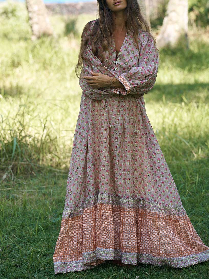 Retro Casual Print V-Neck Tiered Flowing Beach Maxi Dress