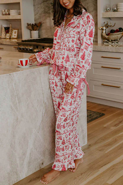 Christmas Print Satin Loose Shirt and Elastic Waist Pocketed Pajama Set