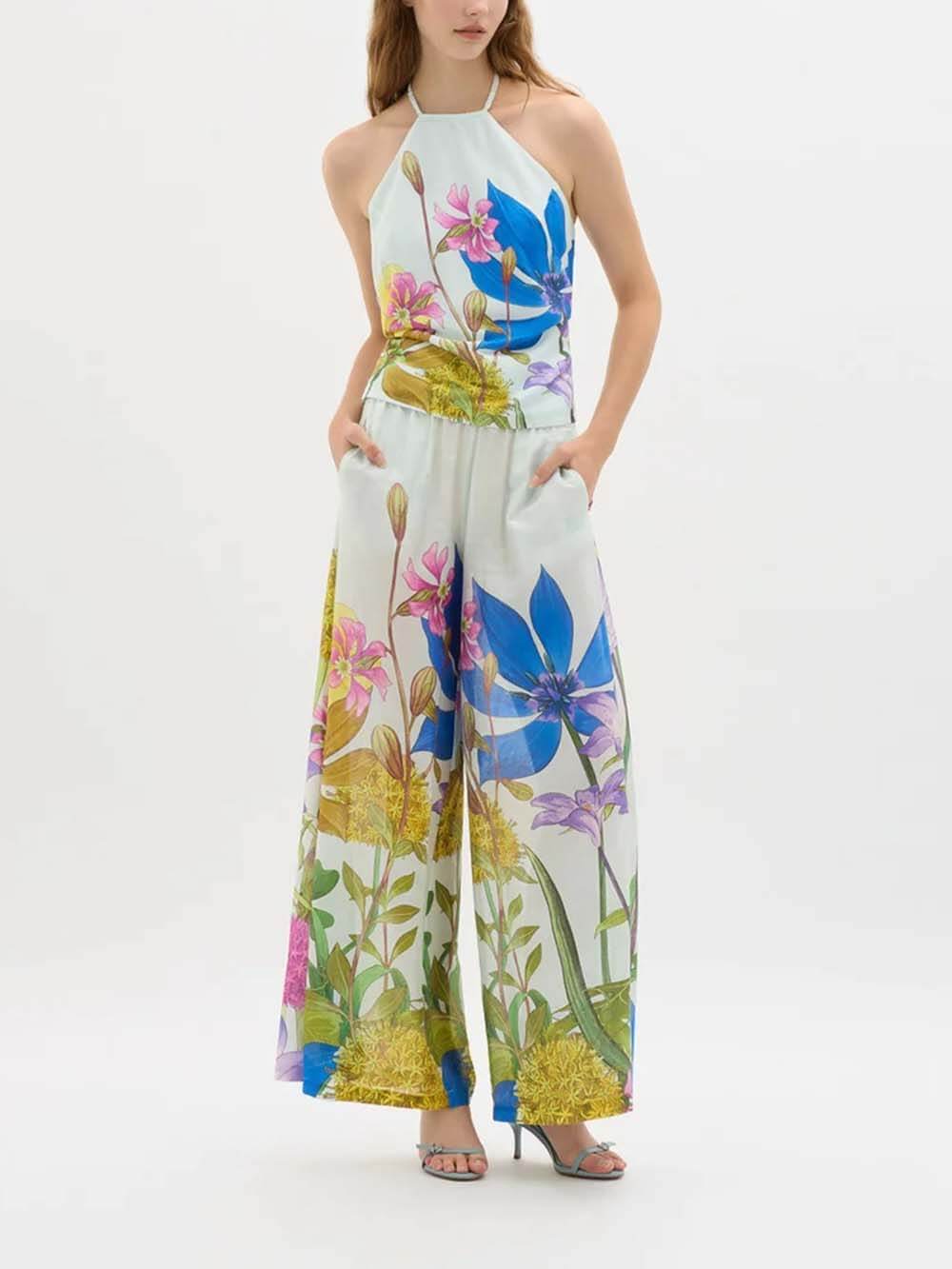 Unique Garden Print Elastic Waist Wide-Leg Pants