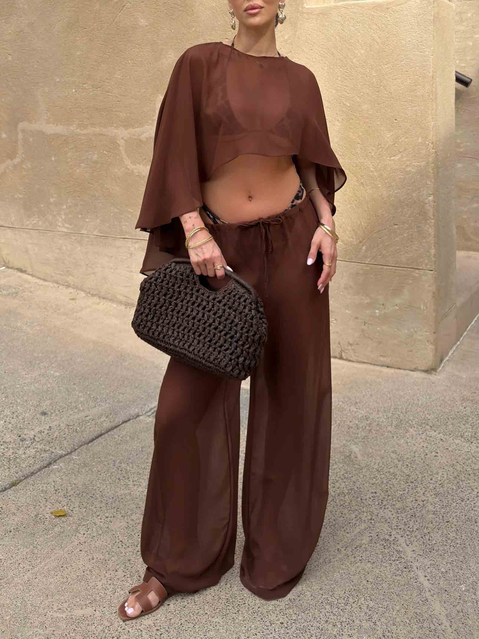 Elegant Sheer Cape Sleeve Crop Top & Wide-Leg Pants Beach Two-Piece Set