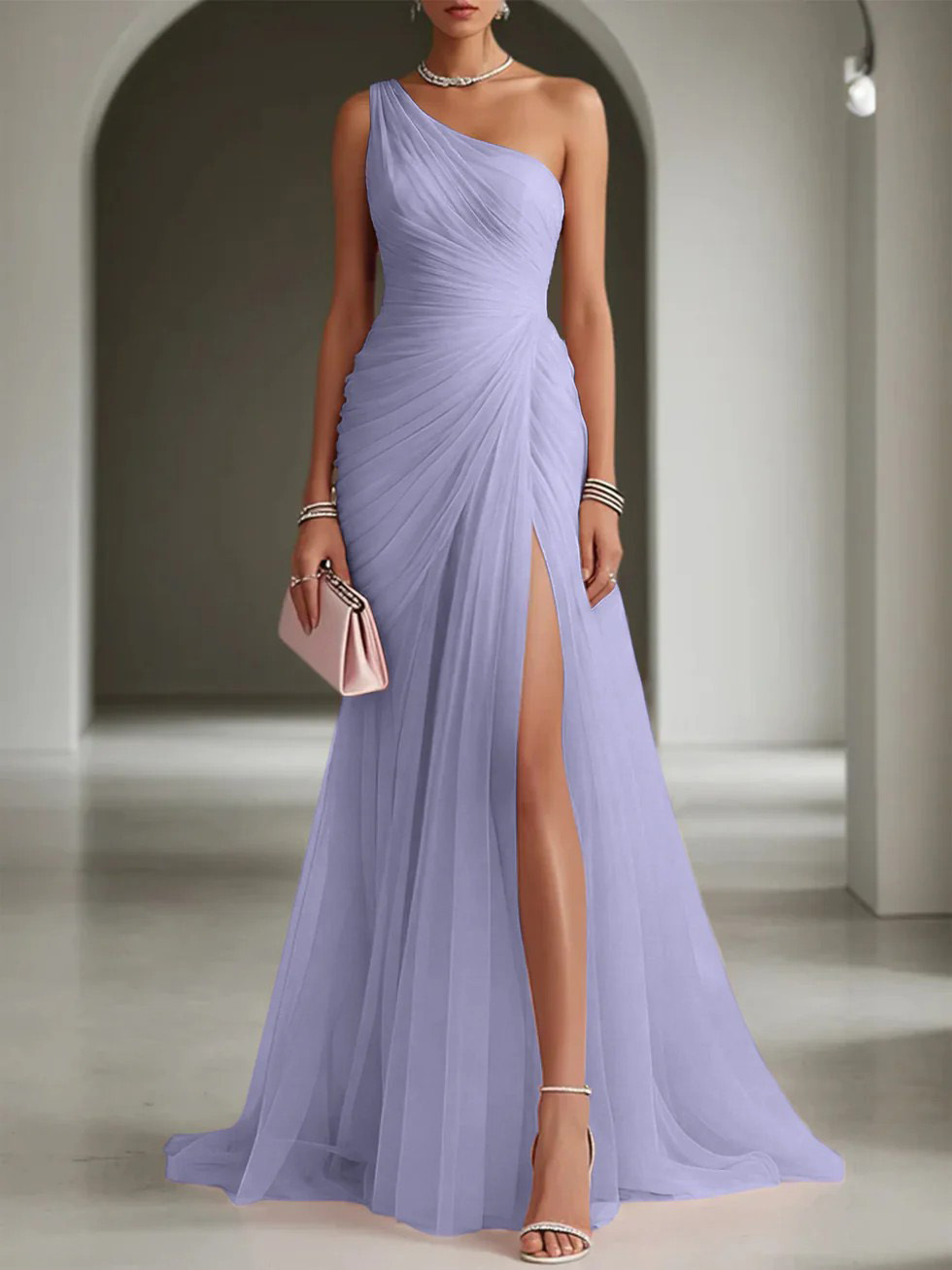 Elegant One-Shoulder Ruched Tulle High Slit Maxi Dress