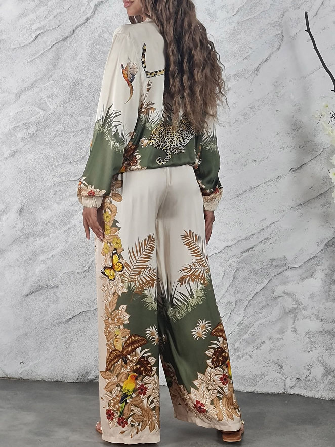 Exotic Jungle Print Zip-Up Shirt & Wide Leg Pants Set