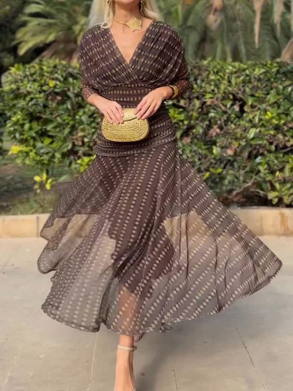 Elegant Retro Bohemian Style V-neck Mesh Print Maxi Dress