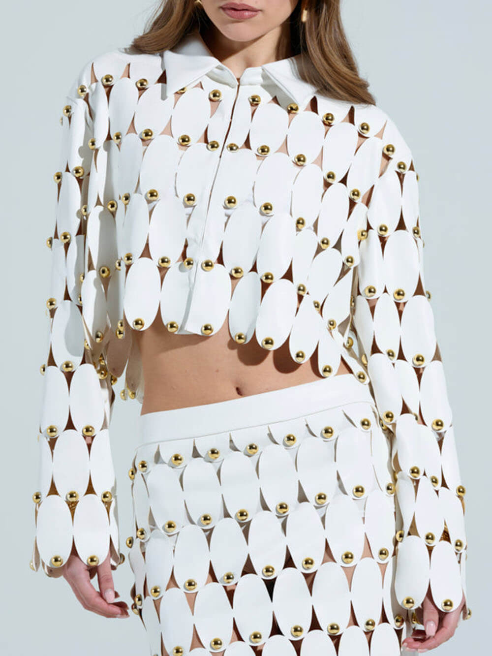 Exquisite Cut-Out Studded PU Cropped Cardigan Top